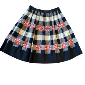 Floreat Anthropologie Black and White Plaid Skirt with Red Floral Design Size 4